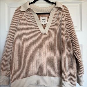Aerie Women's Cream and Brown Striped Collared Sweater